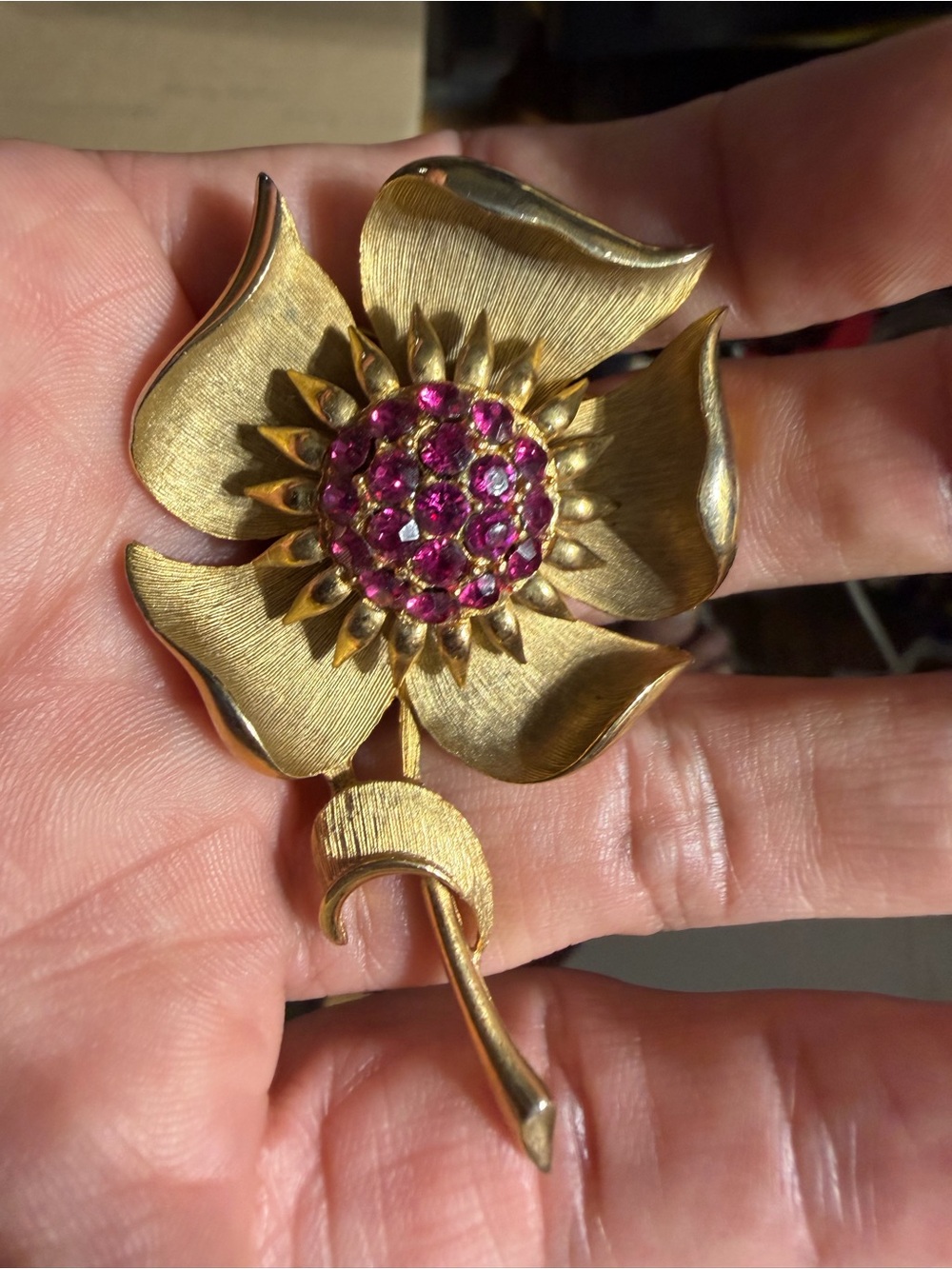 Vintage Gold Tone Floral Pink Rhinestone Brooch